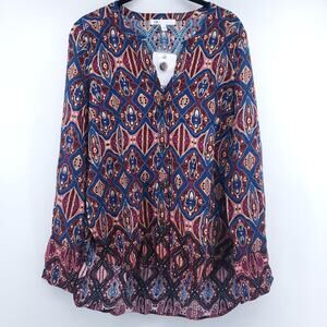 Retro 70s Mod Boho Chic Festival Hippie Geometric Long Sleeve Button Up V-Neck S